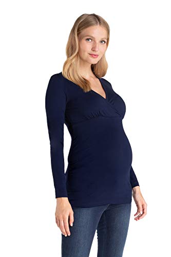 MAMARELLA Umstands- und Stillshirt Langarm blau, aus weicher Viskose, geeignet für die Schwangerschaft und Stillzeit, schneller und einfacher Stillzugang über den gekreuzten V-Ausschnitt (S)
