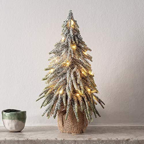 Lights4fun 35cm Schneebedeckter Mini Tischbaum mit 20er Micro Lichterkette Tannenbaum im Jutebeutel Weihnachtsbaum künstlich