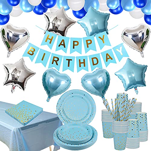 Gold Dot Geburtstag Party Geschirr Supplies Blau Teller Becher Servietten Papier Strohhalme Happy Birthday Banner Tischdecke Folienballon für Party Dekoration - 25 Stück