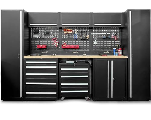 Ondis24 XXL Werkstatt Komplett Set 325cm Männerküche Werkstattrichtung modular mit Buchenholzarbeitsplatte, Werkzeugschränke, Werkbank mit Schubladen (9 TLG.)