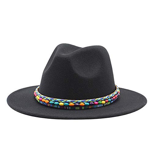 SGJFZD Fedora-Hut Männer Frauen Baumwoll-Hut Mode Top-Jazz-Hut mit bunten geflochtenen Seil Elegante Panamahut Beiläufiges Erwachsener Hut (Color : Black, Größe : 56-58cm)