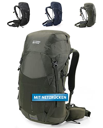 Terra Peak - Wanderrucksack Airant 40 Rückenbelüftung für Damen & Herren mit belüftetem Netz-rücken grün groß - zum Wandern und Camping mit Trinksystem-Vorbereitung - unisex outdoor Backpack leicht