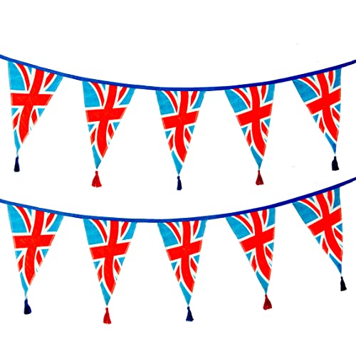 Union Jack Stoff-Wimpelkette – rot-weiß und blau King Charles Coronation Street Party Dekorationen | 100% Baumwolle Flaggen, patriotisch, England, WM 3 m lang