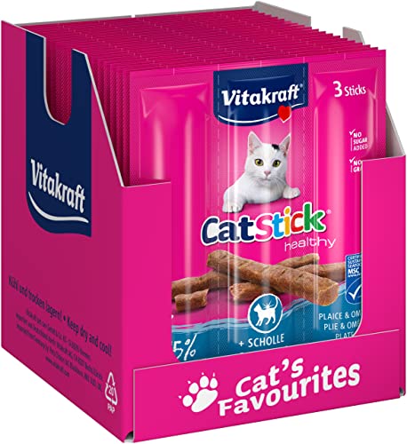 Vitakraft Cat Stick Healthy, Katzensnack, fleischige Mini-Sticks, mit Scholle, mit natürlichem Omega 3, für gesunde Haut, für schönes Fell, in Vorratsgröße (20x 3 Stück)