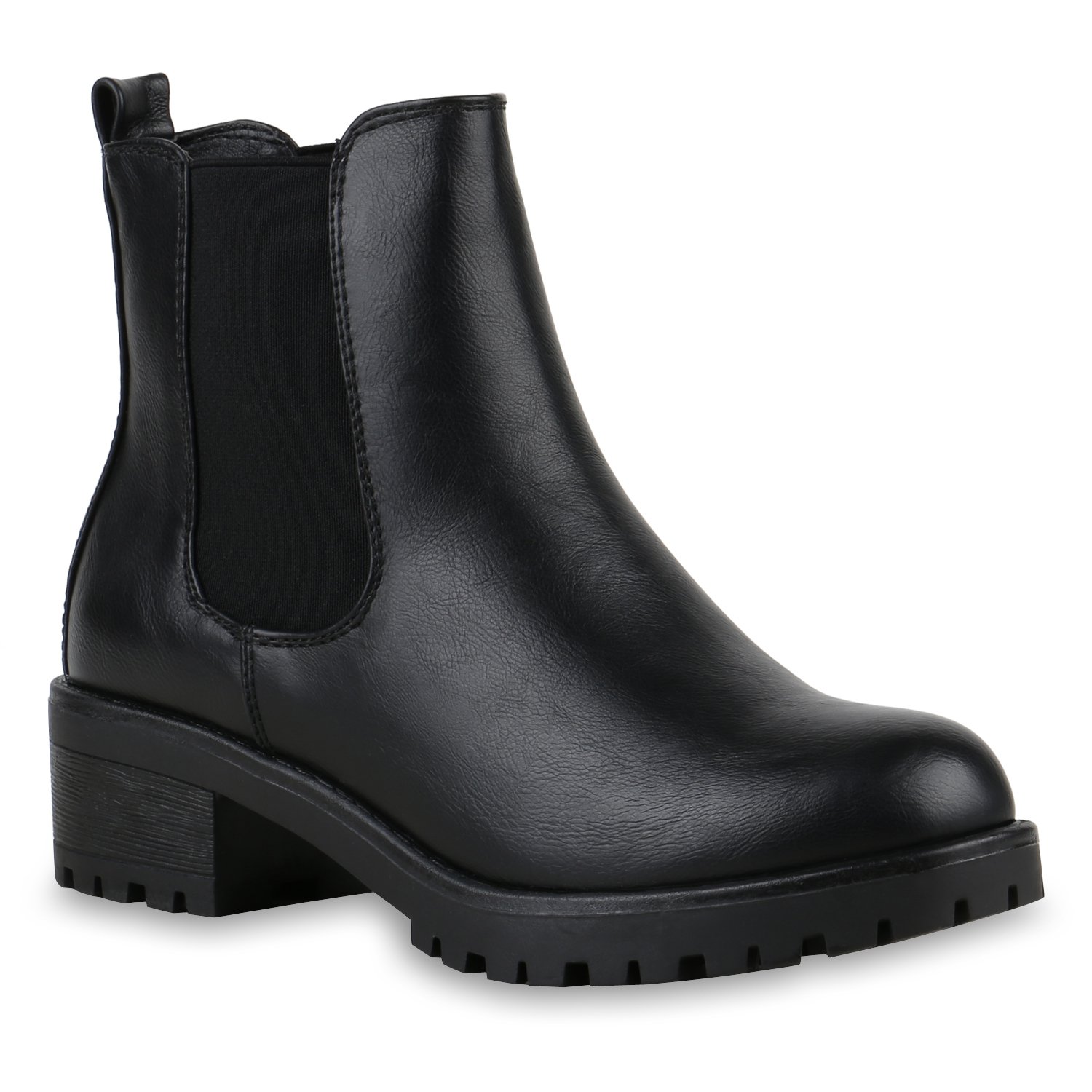 Stiefeletten Damen Chelsea Boots Profilsohle Blockabsatz Leder-Optik Booties Schuhe 122863 Schwarz 40 Flandell