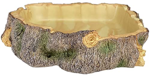 Komodo Eckschale aus Polyresin-Holz, XL, für Futter- und Wasser, realistisches Baumstamm-Design, Eck-Design spart Platz im Tank,Maße: 28.9x28.9x6.3 cm