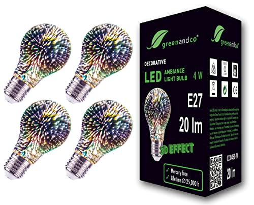 4x greenandco® Designer LED Lampe mit 3D Feuerwerks-Effekt zur dekorativen Stimmungsbeleuchtung E27 A60 Edison Glühbirne 4W 80lm 230V flimmerfrei nicht dimmbar 2 Jahre Garantie