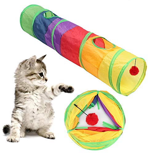 iFCOW Katzentunnel aus Polyester, faltbar, mehrfarbig, Einzelpass-Tunnel mit Plüsch-Ball-Spielzeug