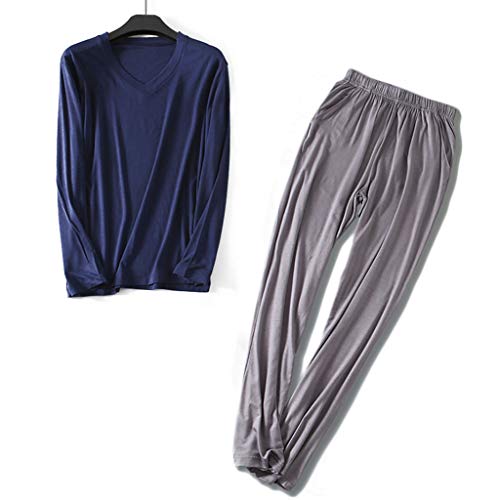 Wantschun Herren Modal Bamboo Fiber Nachtwäsche Zweiteiliger Schlafanzug V-Ausschnitt Langarm Pyjama Set (Blau+Dunkelgrau;EU S)