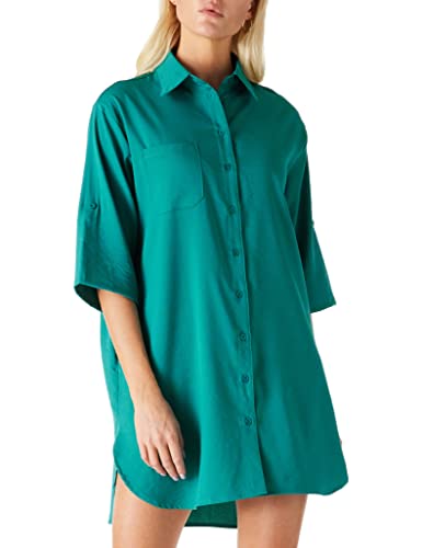 Amazon Brand - find. Lässiges Damenkleid Halblange Ärmel Bündchen Knopfleiste Mini-Shirt-Kleid Übergröße V-Ausschnitt Hemdblusenkleid, Grün, Size M