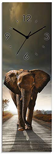Artland Wanduhr ohne Tickgeräusche Glasuhr mit Motiv Design Quarz lautlos Größe: 20x60 cm Elefant Sonnenuntergang Afrika T9QO Braun