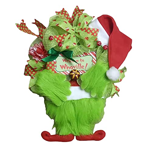 N /D Grinch Christmas Elf Body Wreath Decorations Christmas Burlap Garland Pose-able Plush Legs for Christmas Tree Ornaments (Green, 30cm)