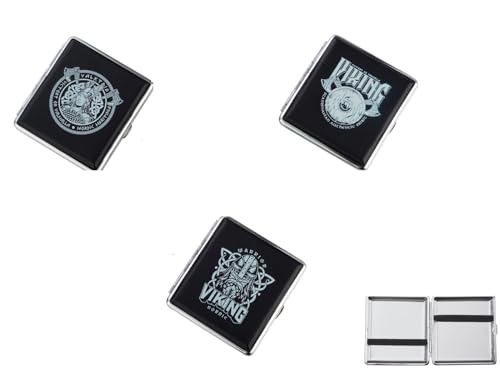 3 x Zigarettenetui Wikinger edel stabil schwarz mit weißem Design für 20 Zigaretten mit Gummiband