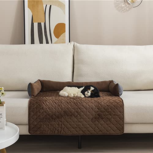 Warton Premium Silky Velvet Haustier-Schlafsofa, rutschfest, wasserdicht, waschbarer Sofaschutz mit 3-seitigen Polsterkissen, Möbelschutz Haustierbezug für Hunde und Katzen Braun S