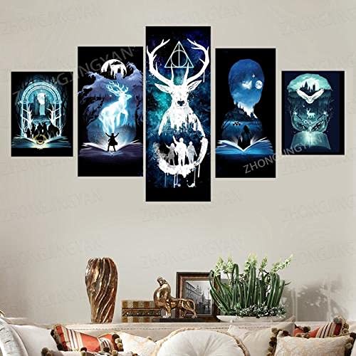 ZHRMGHG Print Canvas 5 Teilig Harry Deer Potteres Aquarell Leinwand Art Wandgemälde Für Home Wohnzimmer Büro Trendig Eingerichtet Dekoration Geschenk (Mit Rahmen)