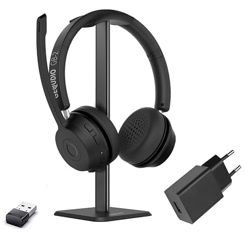 GEQUDIO GB-2 Bluetooth Headset mit Mikrofon, Kopfhörer mit Noise Cancelling, kabellos für Smartphone, Handy, PC oder Laptop – (mit USB Adapter, Ladegerät, Halter)