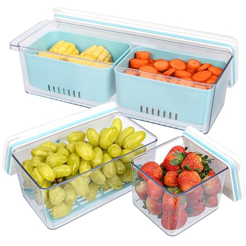 BELLE VOUS 3er-Pack stapelbare Gemüsebox - Obst Aufbewahrung mit Abtropfkörben - Gemüse Kühlschrankbox - wiederverwendbare Behälter mit Deckeln für Kühlschrank Gefrierfach