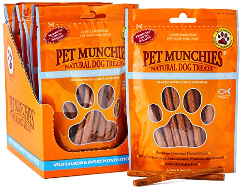 Pet Munchies Natural Fleisch Hunde Snacks (8 Packungen) (8 x 90g) (Wildlachs und Süßkartoffelsticks)