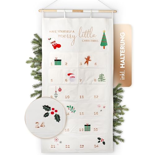 AMARI ® Adventskalender zum Befüllen Bronze - XXL Wandkalender (70 x 130 cm) mit 24 Fächern zum Basteln für Weihnachten - Adventskalender zum Aufhängen Stoff - Weihnachtskalender