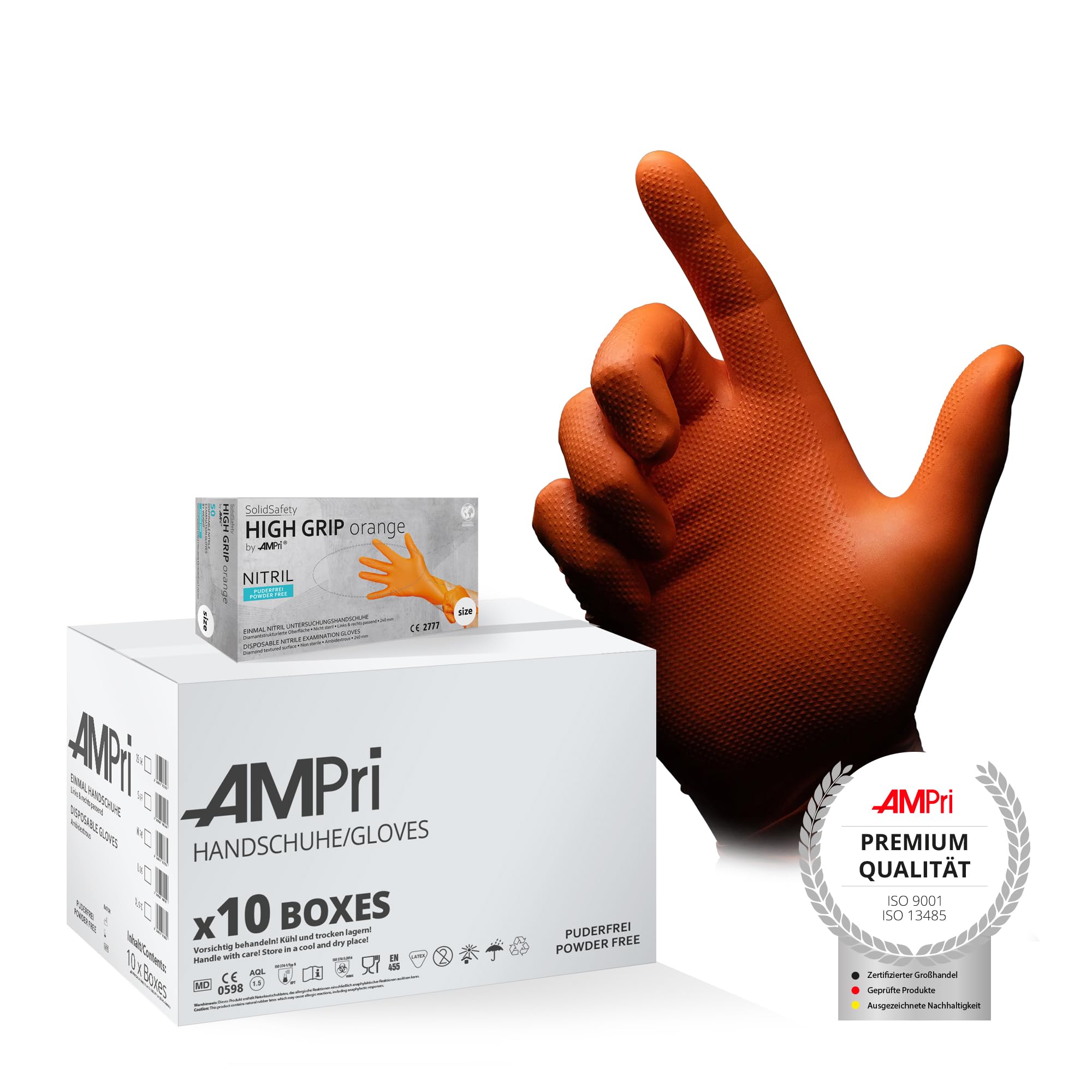 AMPri High Grip Einmalhandschuh aus Nitril, 10 Box a 50 Stk, Größe S, orange, SolidSafety: extra griffiger und chemikalienbeständiger Arbeitsschutzhandschuh in den Größen S, M, L, XL, XXL