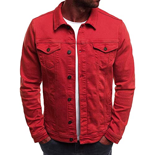 KPILP Herrenmode Herbst Winter Taste Einfarbig Vintage Jeansjacke Tops Bluse Mantel Outwear Langarm-shirt（Rot, 2XL）