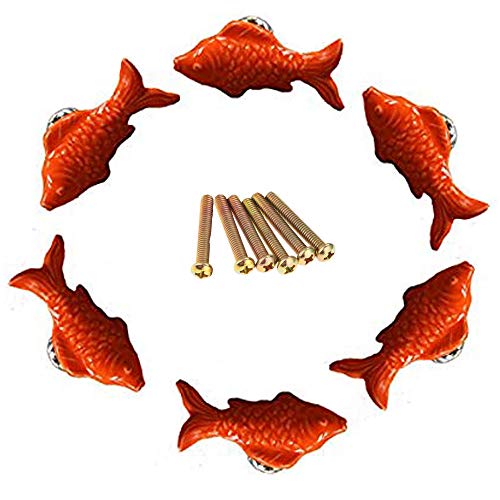 6 Stück 55 mm orangefarbene Keramikknöpfe in Goldfischform ziehen Griffe für Schränke, Schubladen, Kommode, Schrank, Schrank, Küchentür, Möbel mit kostenlosen Schrauben