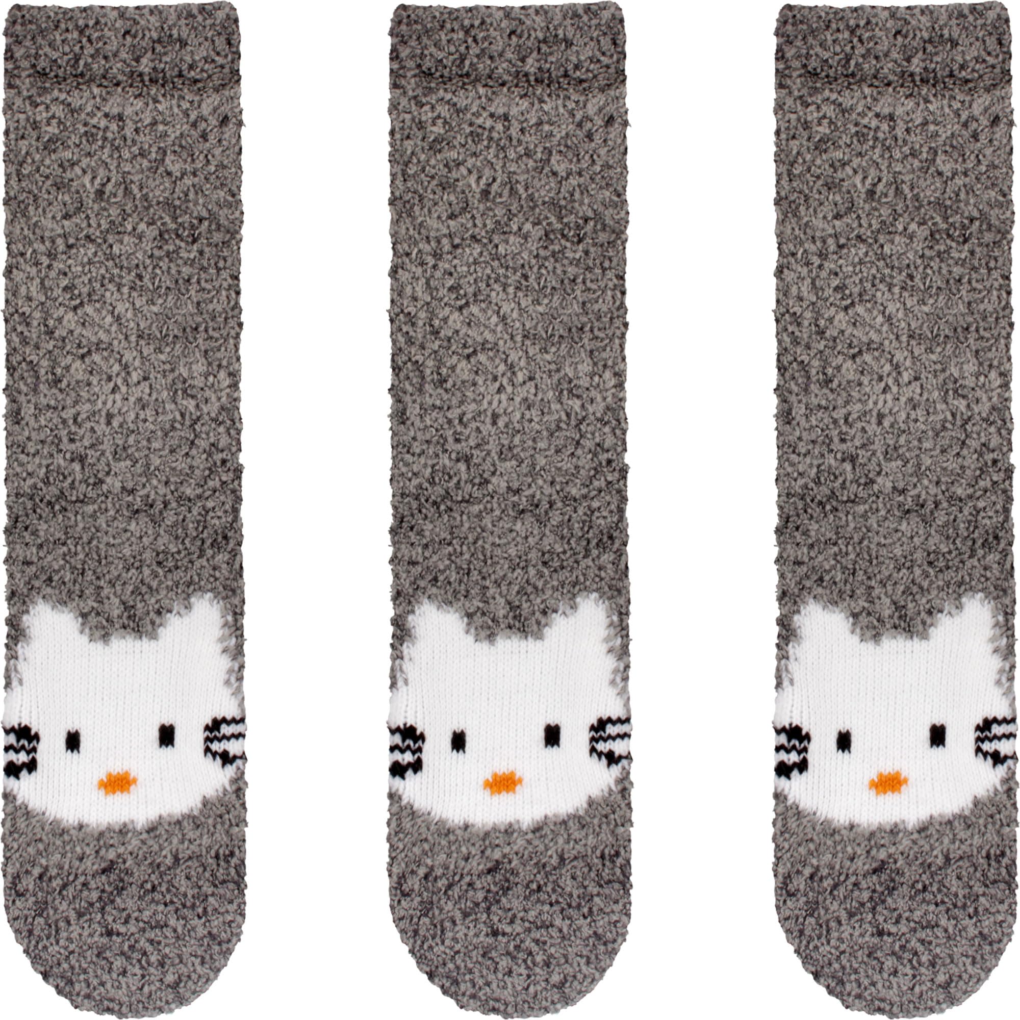 Super Soft Warm Cute Animal Non-Slip Fuzzy Crew Winter Socks - 06 Grey Kitty - 3 Pairs - Value Pack