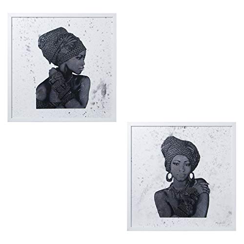 DRW Set mit 2 Bildern mit Holzrahmen, afrikanischer Reine, Schwarz und Weiß, 60 x 60 cm