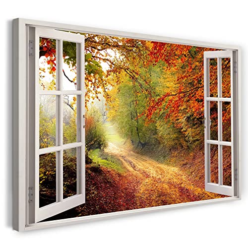 Printistico Leinwandbild (120x80cm) Fensterblick - Wald Weg Herbst Blätter Bäume Natur - Natur-Fotografie, echter Holz-Keilrahmen inkl. Aufhänger, handgefertigt in Deutschland