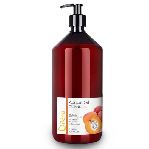 Oïléna Aprikosenkernöl Organic NATIV 1000 ml - 100% reines Aprikosenöl BIO Öl - Apothekerflasche mit Pumpe kaltgepresst desodoriert