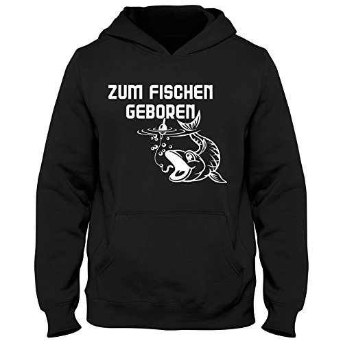 Shirtastic Kinder Hoody Hoodie Zum Fischen Geboren Angeln Zander 03, Farbe:schwarz, Größe:9-11 Jahre (134-146cm)