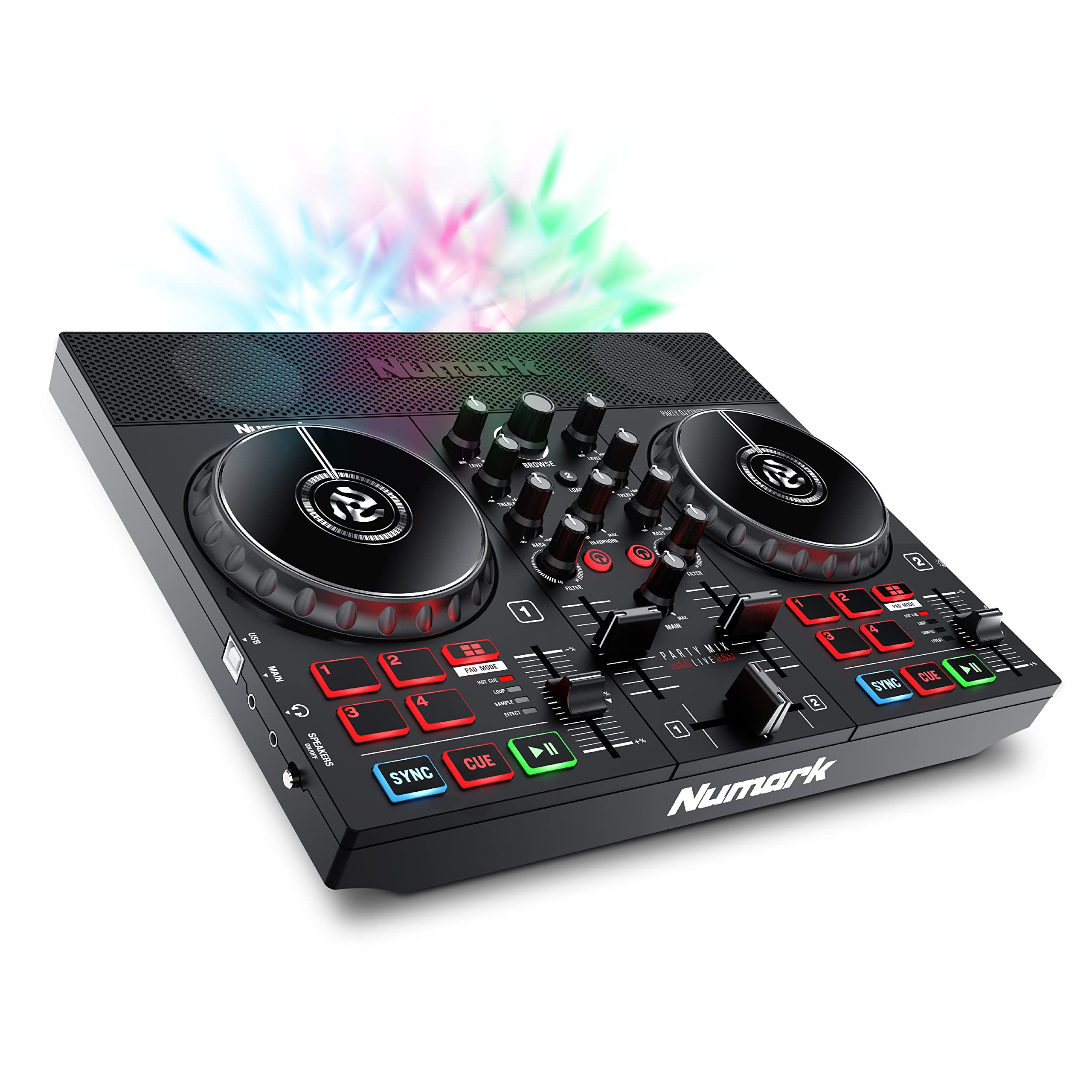 Numark Party Mix Live – DJ Controller Mischpult mit eingebauten Lautsprechern, Lichtshow; unterstützt direktes Streaming von TIDAL, SoundCloud u. mehr
