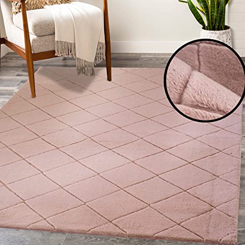 payé Teppich - Wohnzimmer Kuschwelweich 80x150cm Powder Pink Flauschig Karo Muster Modern Deko Teppiche Weich Schlafzimmer