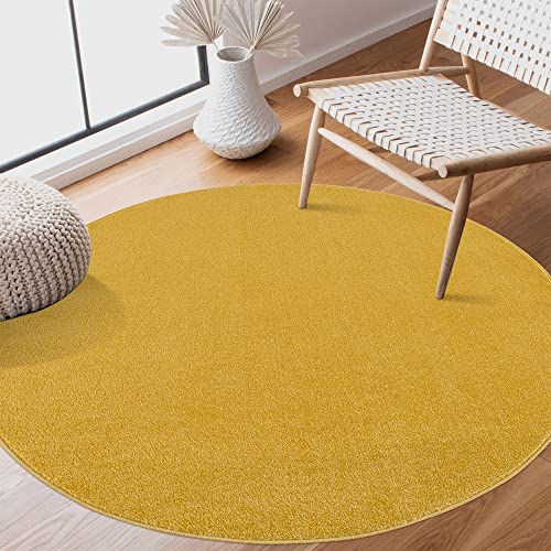 SANAT Kurzflor Teppich Wohnzimmer - Uni Modern Teppiche fürs Schlafzimmer, Arbeitszimmer, Büro, Flur, Kinderzimmer und Küche - Gelb, 120 cm Rund