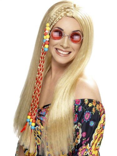 Hippie-PERÜCKE Damen 60er jahre 70er jahre Lang Blond Perlen Zöpfe Hippie Kostüm Kostüm Perücke