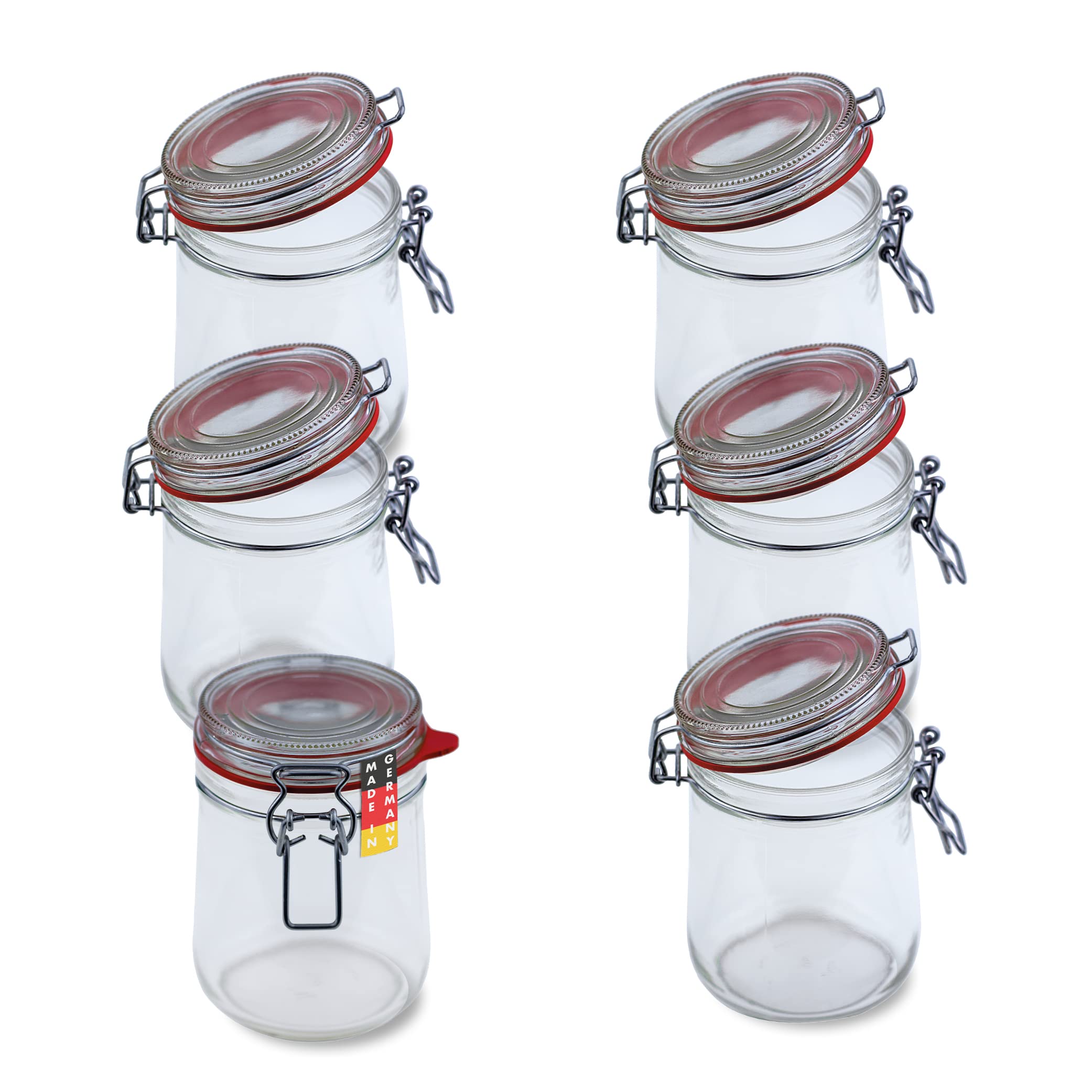 Flaschenbauer- 6 Drahtbügelgläser 800ml verwendbar als Einmachglas und Fermentierglas, zu Aufbewahrung, Gläser zum Befüllen, Leere Gläser mit Drahtbügel mit Weißen und Roten Dichtungsringen
