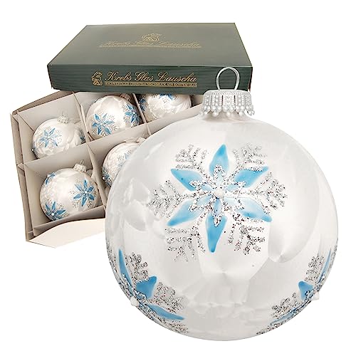 Krebs Glas Lauscha - Weihnachtsdekoration/Christbaumschmuck aus Glas - Weihnachtskugeln - Motiv: Silber/Blau mit Eisblume - Größe: 6 mal 8cm