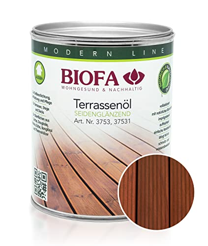BIOFA Terrassenöl farbig 37531 Pflegeöl für Holzterrassen und Terrassen-Dielen aus Holz – Öl aus natürlichen Rohstoffen - Außenbereich (1L, Bangkirai dunkel)
