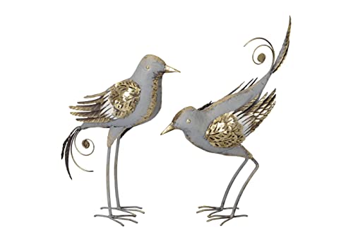 ecosoul Gartendeko Wohndekoration Vogel pickend oder gerade stehend Figur grau-Gold Metall groß zum Stellen Deko 32/11/36,5cm (stehend)