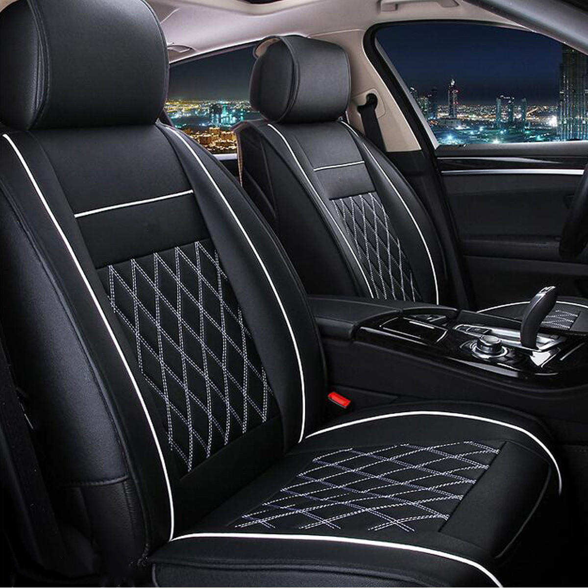 7PCS PU-Leder-Auto-Sitz-Kissen-Abdeckungs-Schutz-Set für 5 Seat Cars Schwarz Weiß Universal