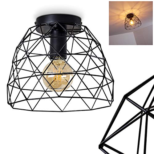 Deckenleuchte Hajom, runde Deckenlampe aus Metall in Schwarz, 1-flammig, E27-Fassung max. 25 Watt, Retro-Leuchte mit Lichteffekt durch Gitter-Optik, LED Leuchtmittel geeignet