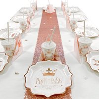 Prinzessin Tischdeko Set zum Geburtstag bis 10 Gäste, 52-teilig bestehend aus Teller, Becher, Halme inkl. Deckel, Servietten, Tischläufer und Prinzessinnen Konfetti