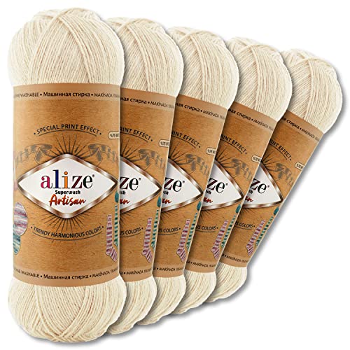 Wohnkult Alize 5 x 100 g Superwash Artisan Sockenwolle Premium 16 Auswahl Kontrast Häkeln Stricken (01 | Creme)