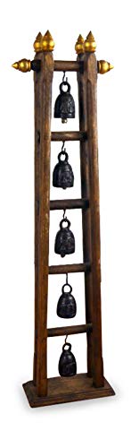 livasia Asiatisches Glockenspiel mit 5 Glocken Bronze Teakholzständer (Handarbeit)
