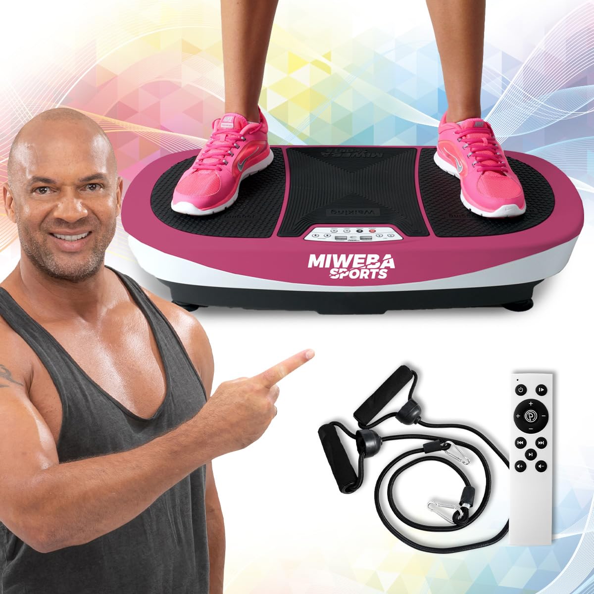 Miweba Sports Fitness 3D Vibrationsplatte MV200-3 Jahre Garantie - 400 Watt - 99 Intensitätsstufen - 3D Training - Bluetooth - Led Beleuchtung - Fernbedienung - Trainingsbänder (Pink)