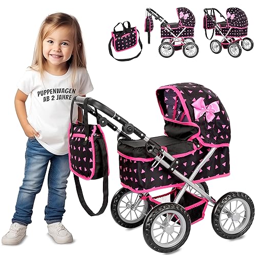 Kinderplay Puppenwagen ab 2 Jahre, Kinderwagen Puppen - Leichte und Stabile Konstruktion, Kinderpuppenwagen ab 3 Jahre, Höhenverstellbar von 33 bis 63 cm, Spielzeug Draussen, KP0261R