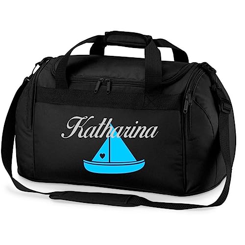 minimutz Sporttasche mit Namen | Motiv Segel-Boot Schiff | Personalisieren & Bedrucken | Reisetasche Schwimmtasche Mädchen Jungen Wasser-Sport (schwarz)