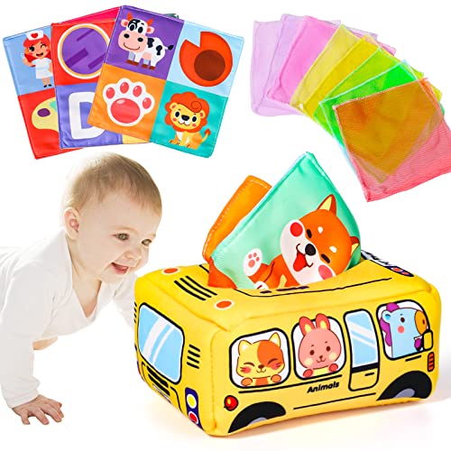 Babyspielzeug 0-6 Monate Sensorik Montessori Spielzeug Baby Tissue Box Spielzeug mit 3-quadratische Handtücher 8 Farbige Gazen Kontrast Spielzeug Baby Geschenk 3 6 9 12 Monate Geschenke Zur Geburt