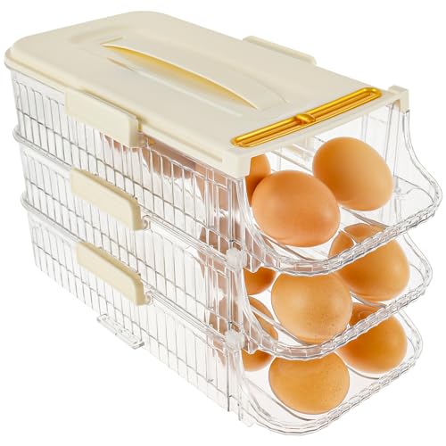 Eierhalter für den Kühlschrank Auto Rolling Ei Organizer mit Deckel 3 Schicht Rolling Ei Behälter Raumsparende Eierrollen Spender Stapelbarer Eierschale Eierspender Halter Halt 48 Eier