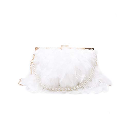 Fenical Abendtasche mit Perlenriemen Kette Clutch Bags Feder Umhängetasche für Frauen Mädchen Damen (weiß)